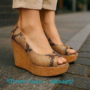 Jimmy Choo Beige Snakeskin Embossed Leather Papina Peep Toe Cork Wedge Pumps